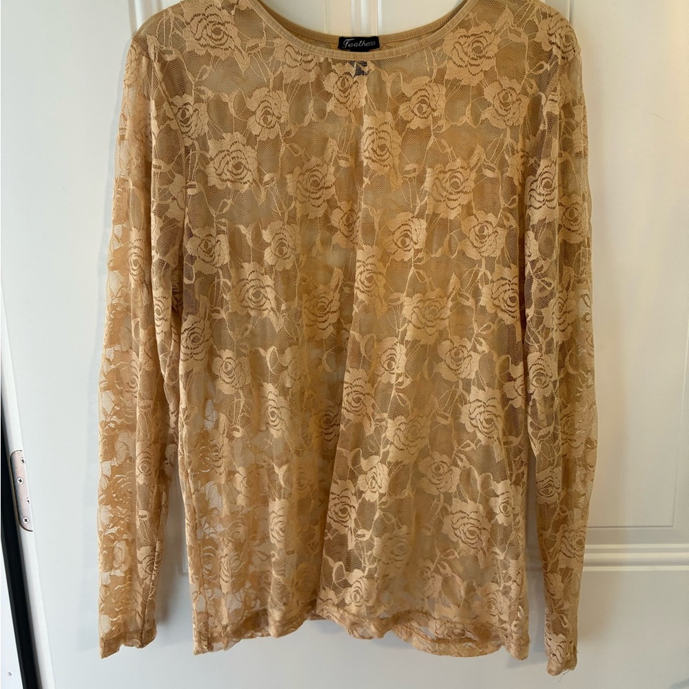 feathers Beige Floral Sheer Lace Long Sleeve Top